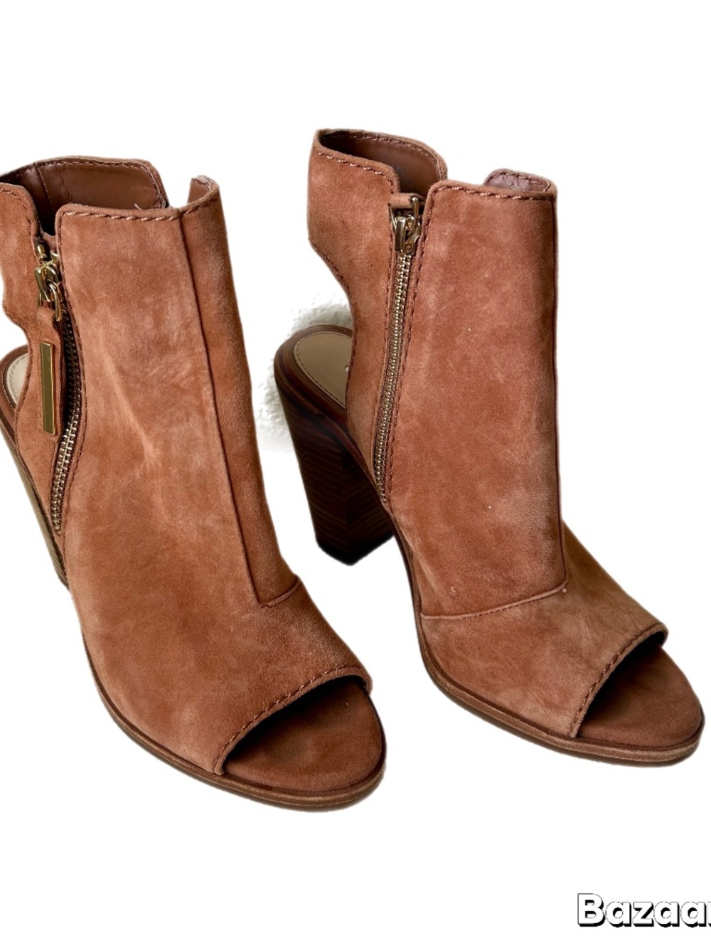 Ankle Boots with Peep Toe - Size 6 Chestnut Brown Double Zip Suede Like